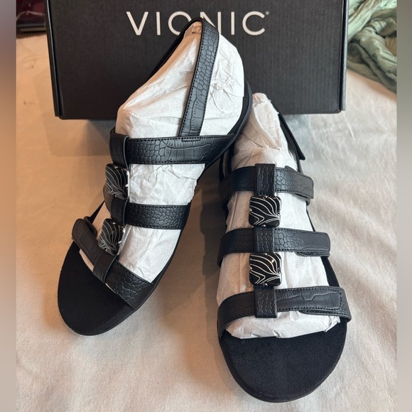 Vionic Amber Black Croc Adjustable Strap Sandals Size 8 • Black Sandals - Picture 1 of 4